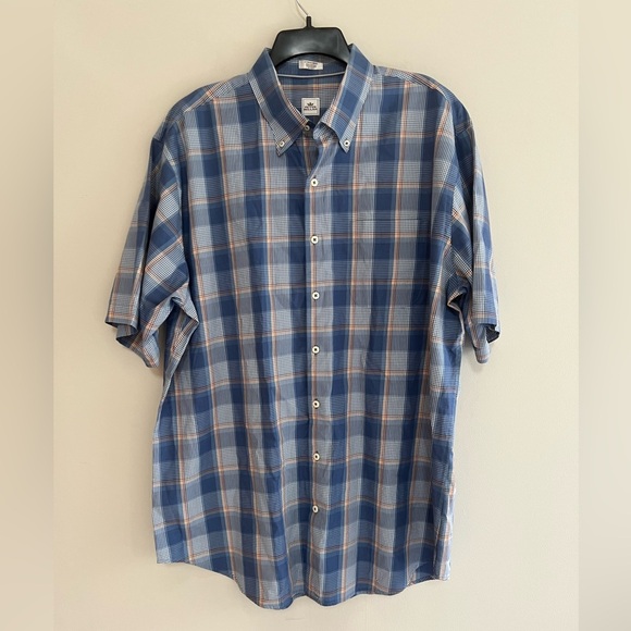 Peter Millar Short-Sleeve Button Up Tartan Plaid Sport Shirt, Blue/Yellow, XL - Picture 1 of 6